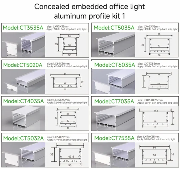 Concealed embedded office light aluminum profile kit 1