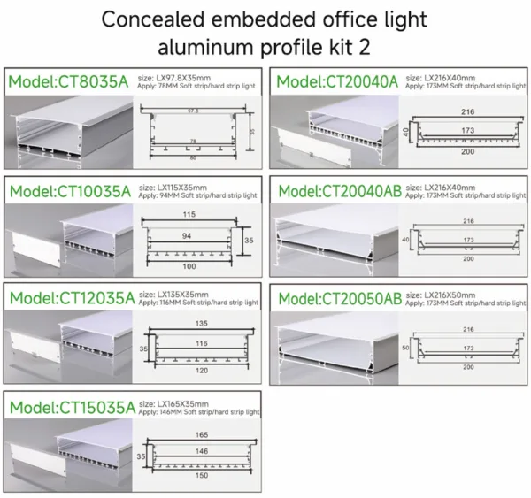Concealed embedded office light aluminum profile kit 2
