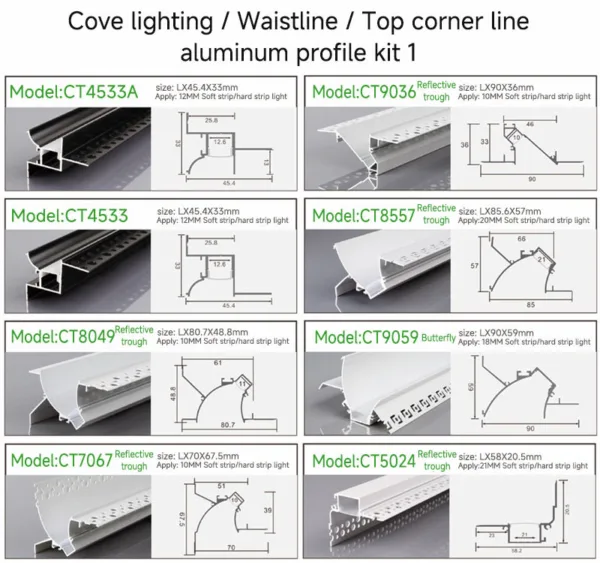 Cove lighting / Waistline / Top corner line aluminum profile kit1
