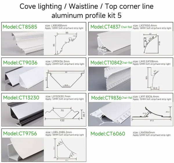 Cove lighting / Waistline / Top corner line aluminum profile kit 5