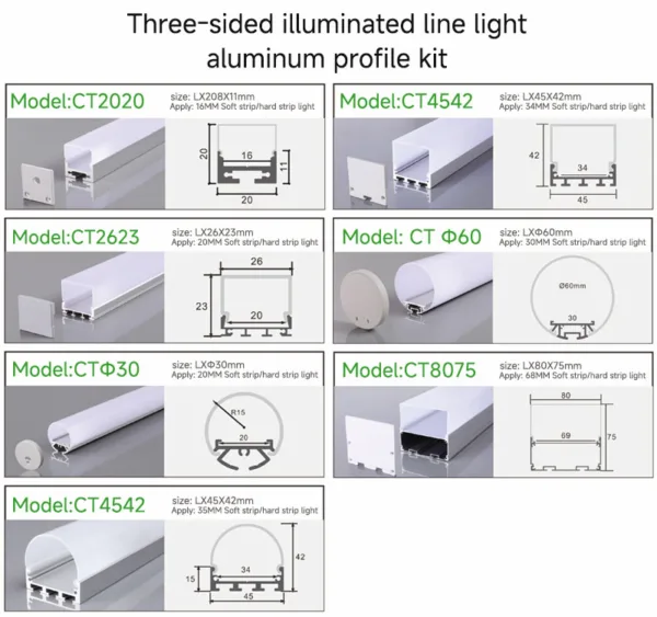 Three-sided illuminated line light aluminum profile kit