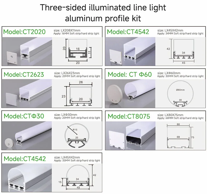 Three-sided illuminated line light aluminum profile kit